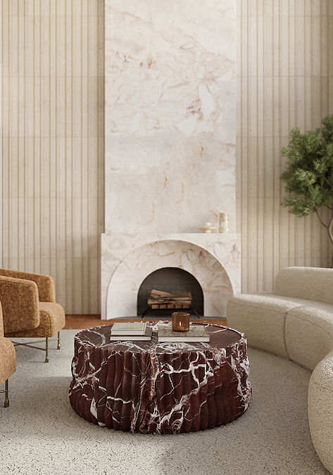 Modern living room interior with stone fireplace and red marble coffee table.
