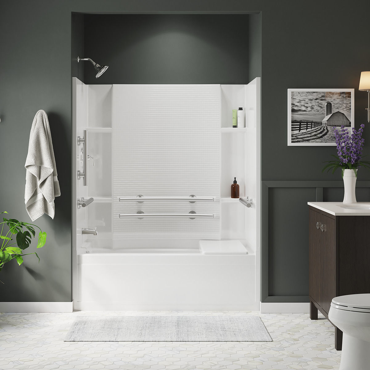 A white bathtub with white walls on which two parallel grab bars are installed.