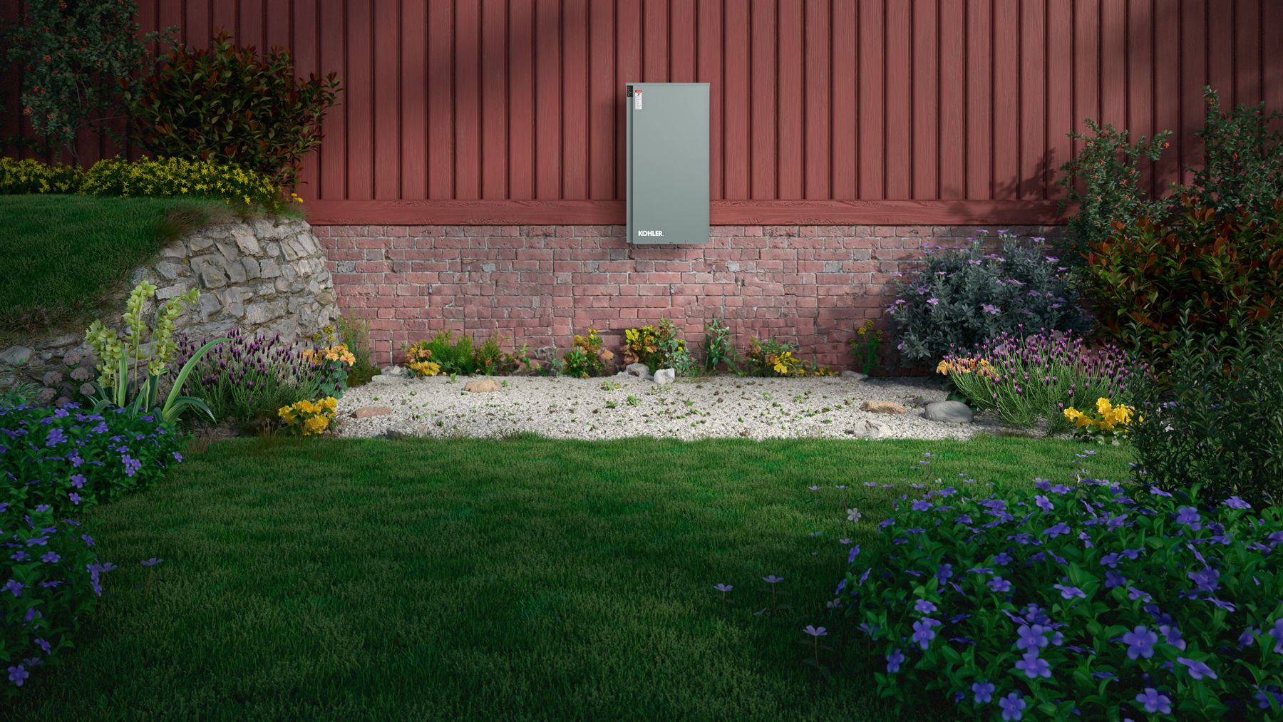 A home generator control panel mounted to the outside of a house with brick-colored vertical siding and landscaping around the home.