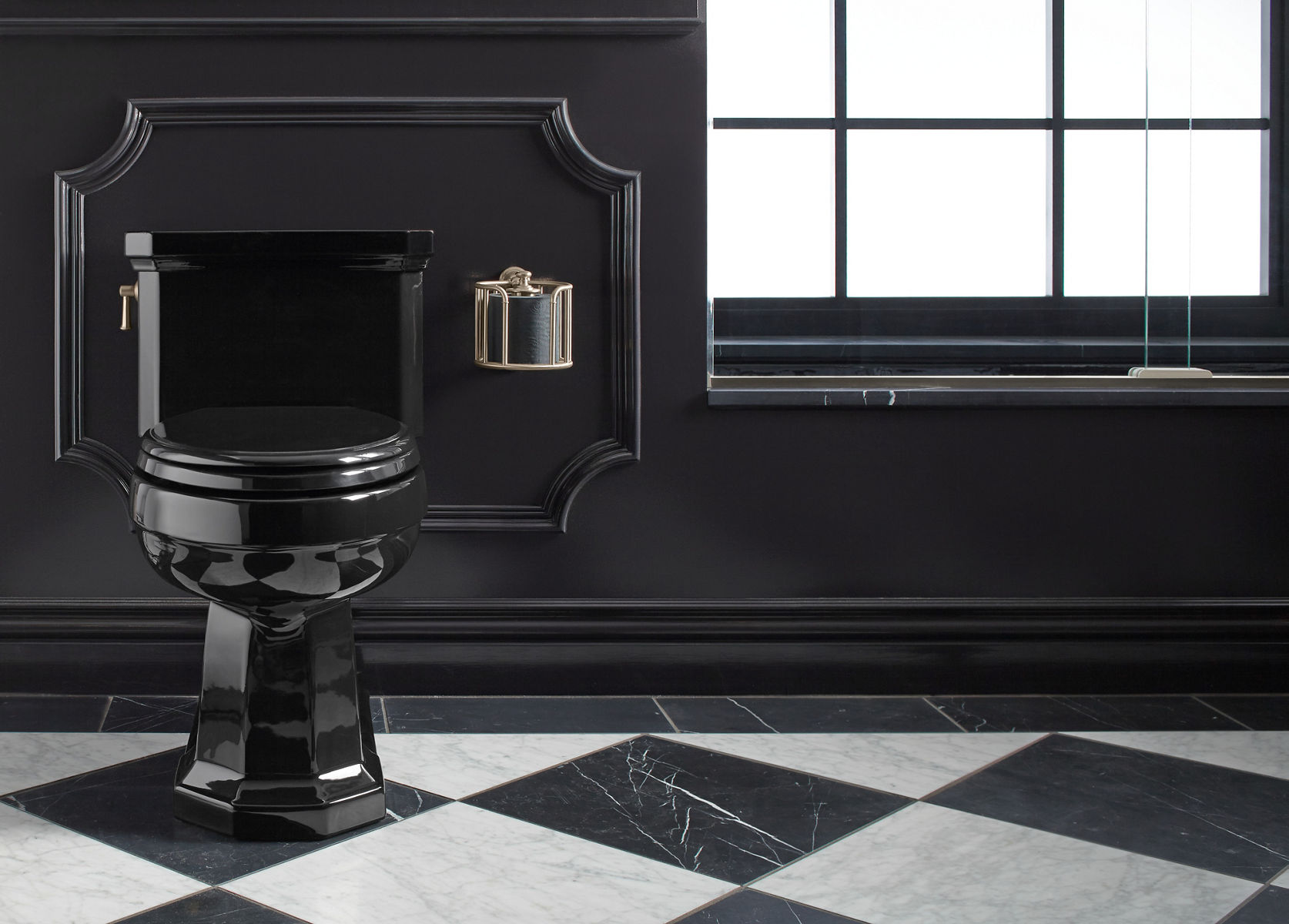 A glossy black Kathryn toilet set on a diamond pattern black and white marble floor with a paneled black wall behind it.