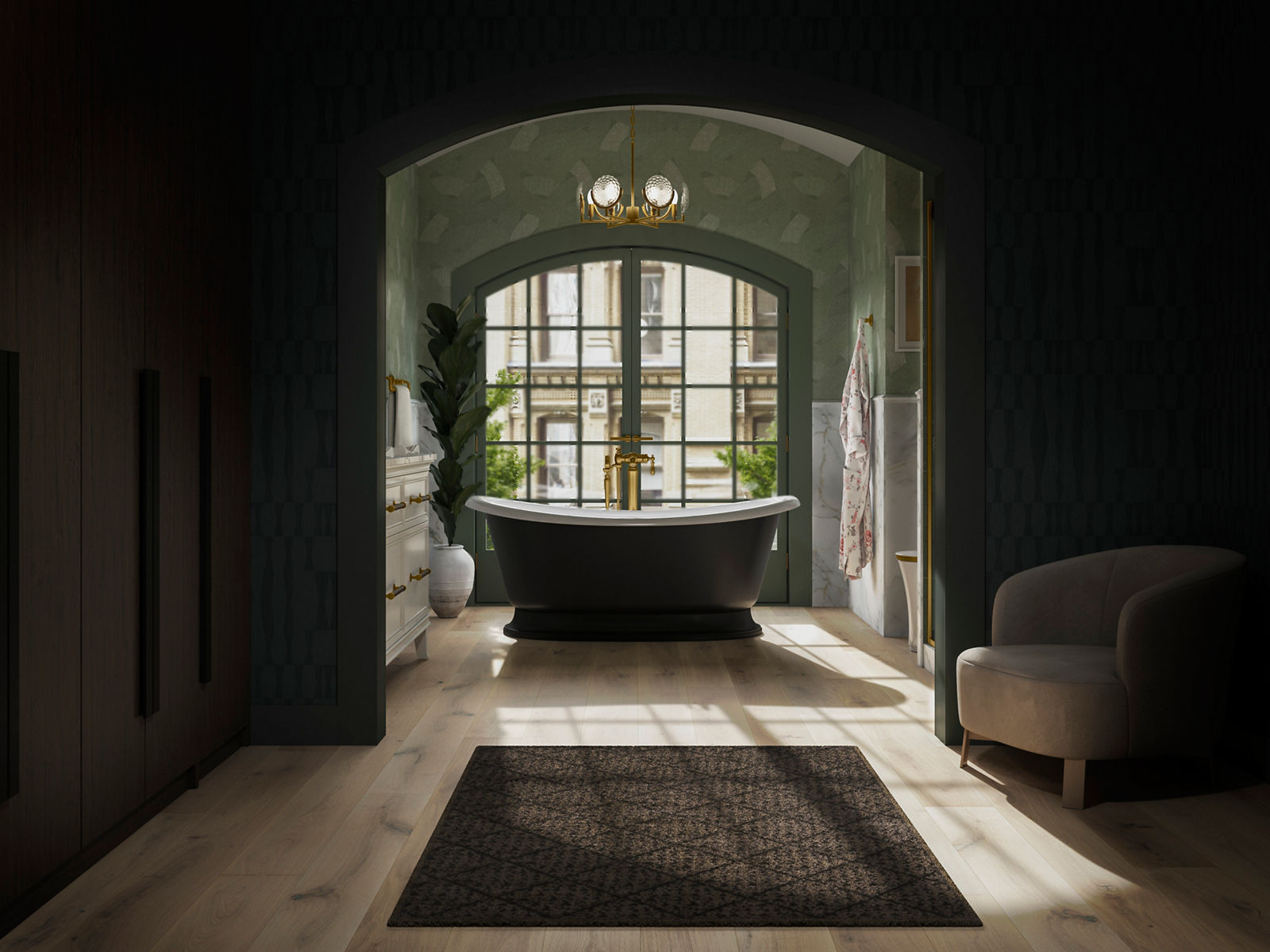 Photo en plan large d’une salle de bain baignée de soleil. Au centre de l’image se trouve une baignoire placée devant une large fenêtre. La baignoire a un extérieur noir mat et un intérieur blanc avec des robinets dorés. Sur le côté gauche se trouvent un figuier, des armoires blanches et un porte-serviettes. Sur le côté droit, une serviette est placée sur un support fixé au mur et l’on aperçoit une petite partie de la toilette.