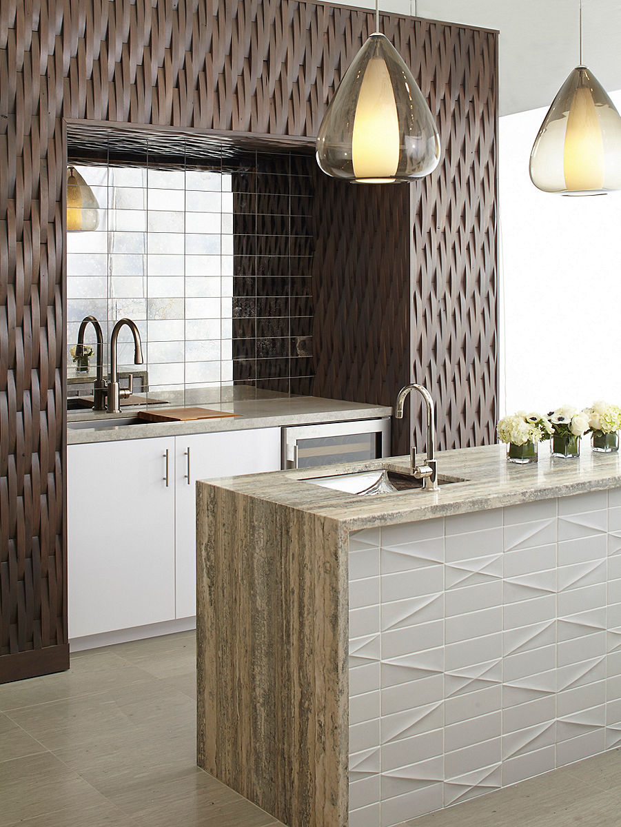 Ann Sacks Troy showroom interior view of kitchen vignette with pendant lights and kitchen island