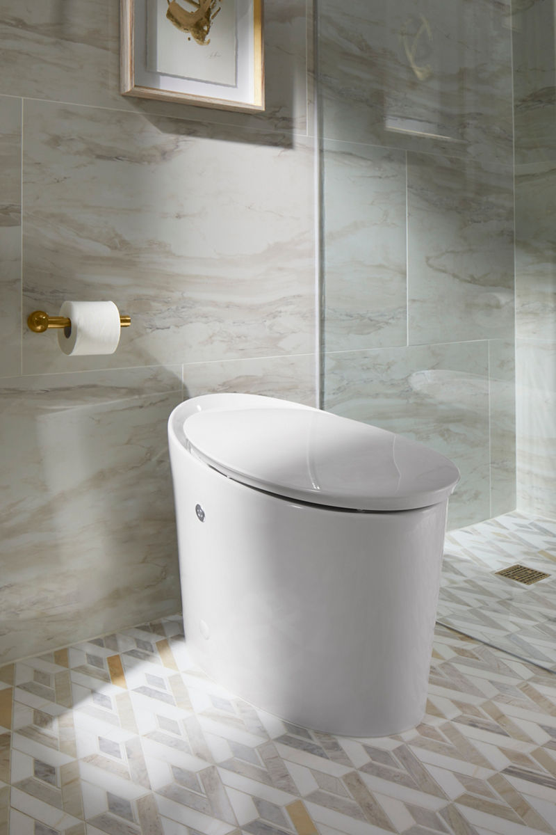 Close-up image of Nikki's guest bathroom toileting space, where white tankless Avoir toilet is featured with its sleek oval shape. Framed art is hung above it and a brass toilet paper holder is mounted on the wall next to the toilet.