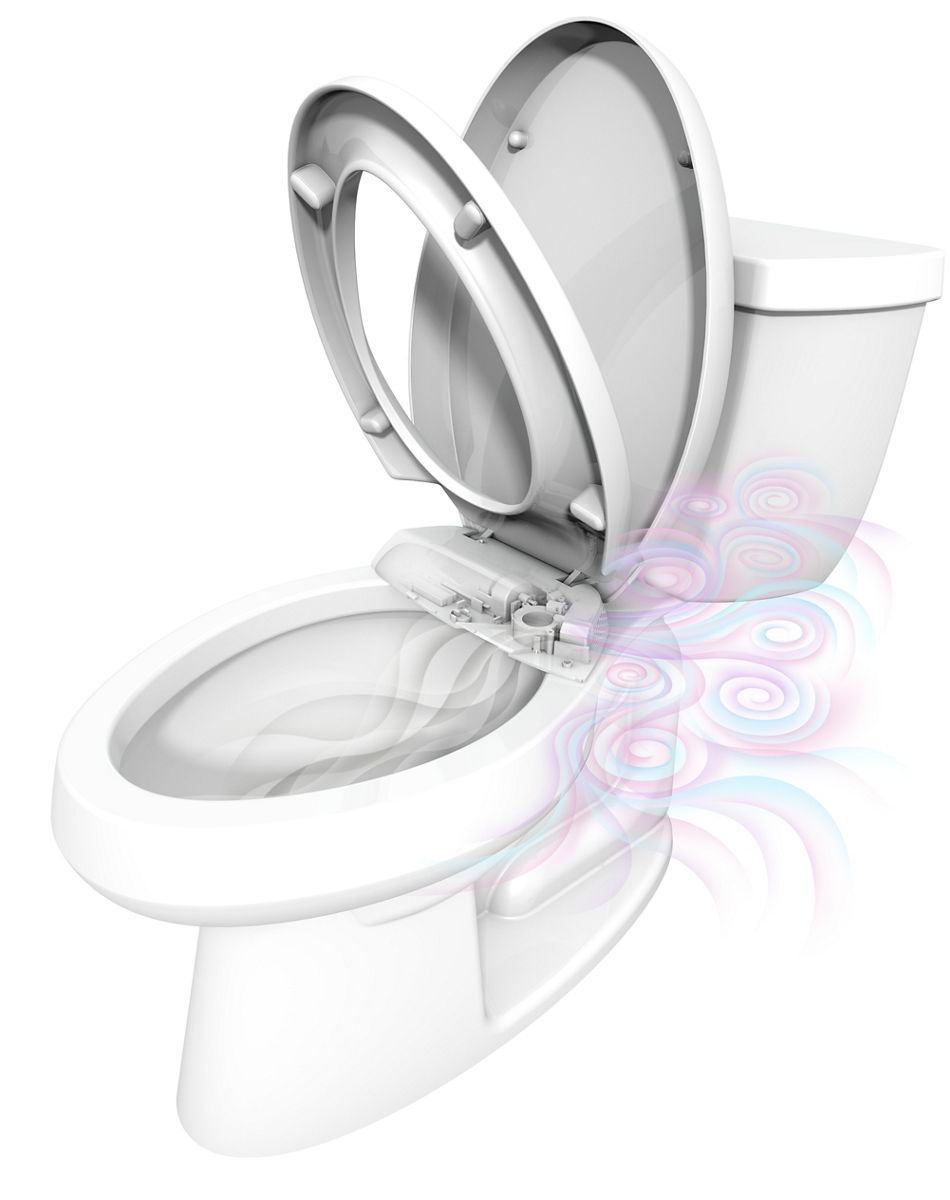 Une toilette blanche équipée d’un siège de toilette désodorisant Purefresh.