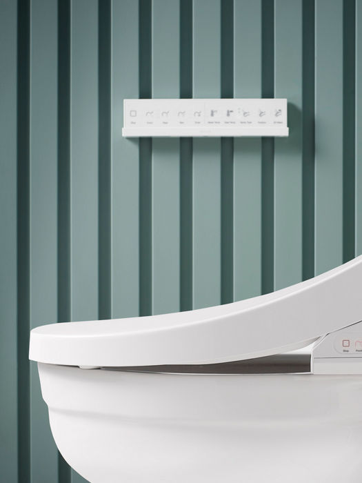 Side view of a bidet seat with a wireless remote control mounted on a green striped wall to its side.