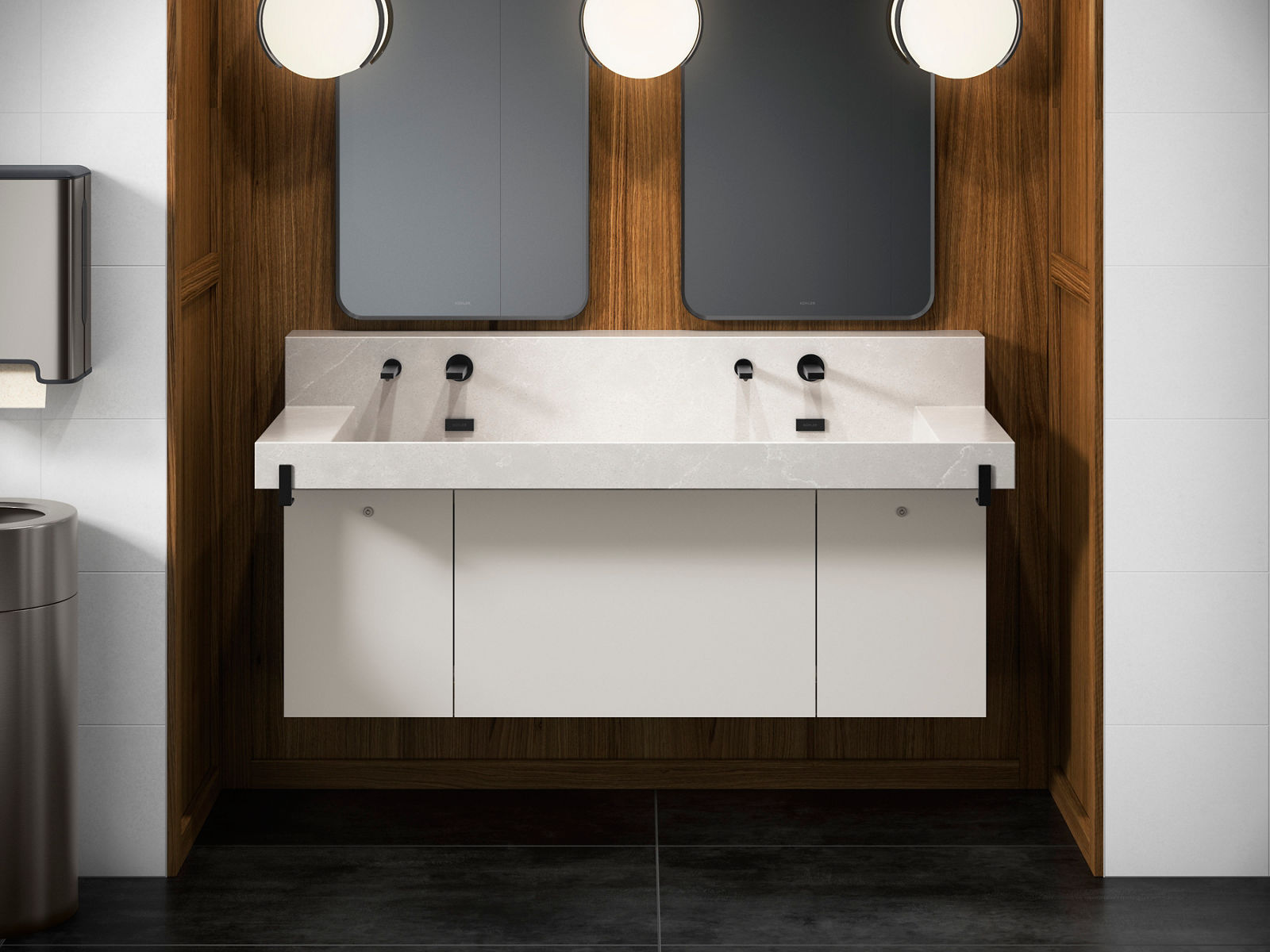 A mid-sized vanity with two basins, wood accents, and a contemporary lighting arrangement.