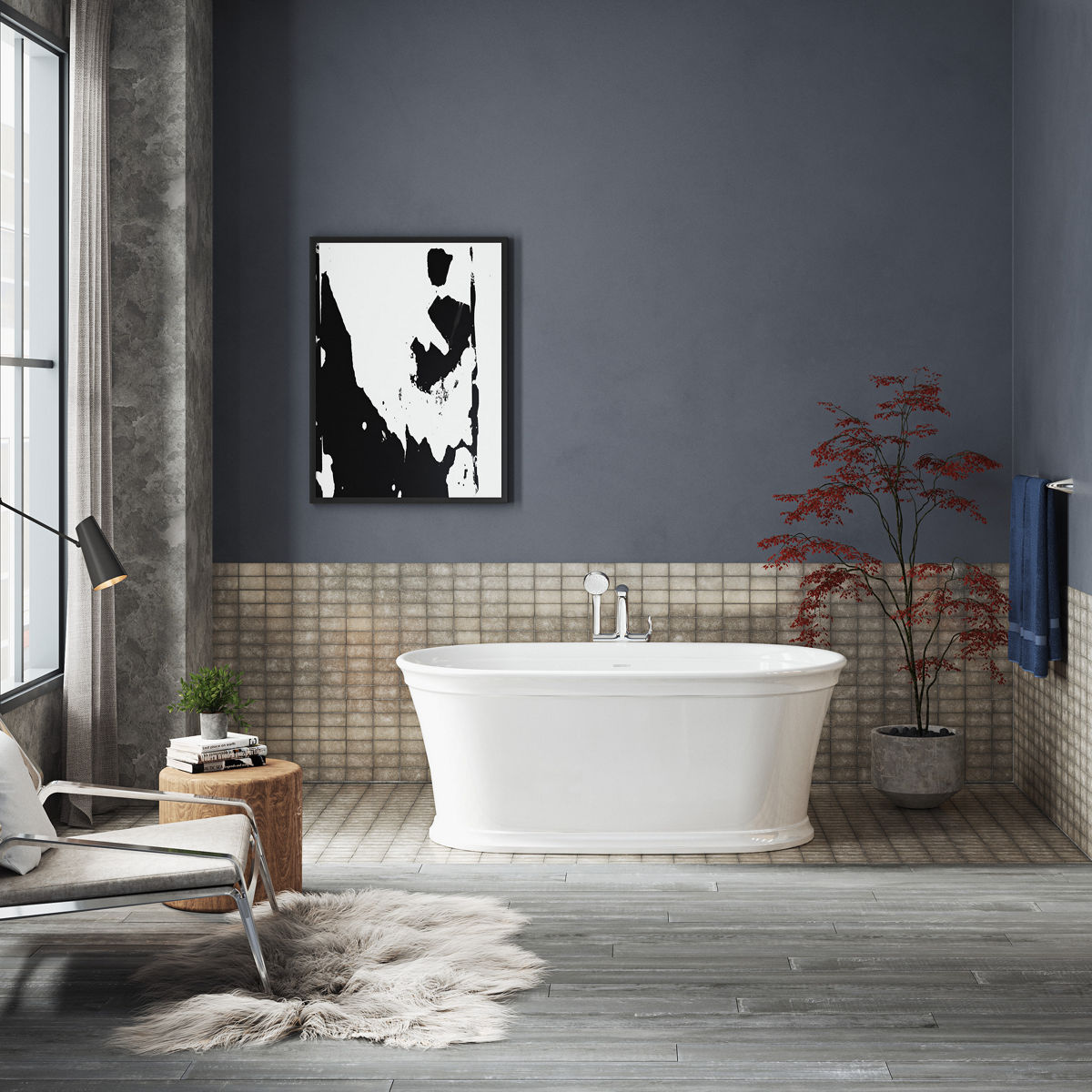 A modern barthroom with a white freestanding tub, grat tiled walls, dark accent wall, and a potted plant, featuring abstract black and white artwork to the left side.