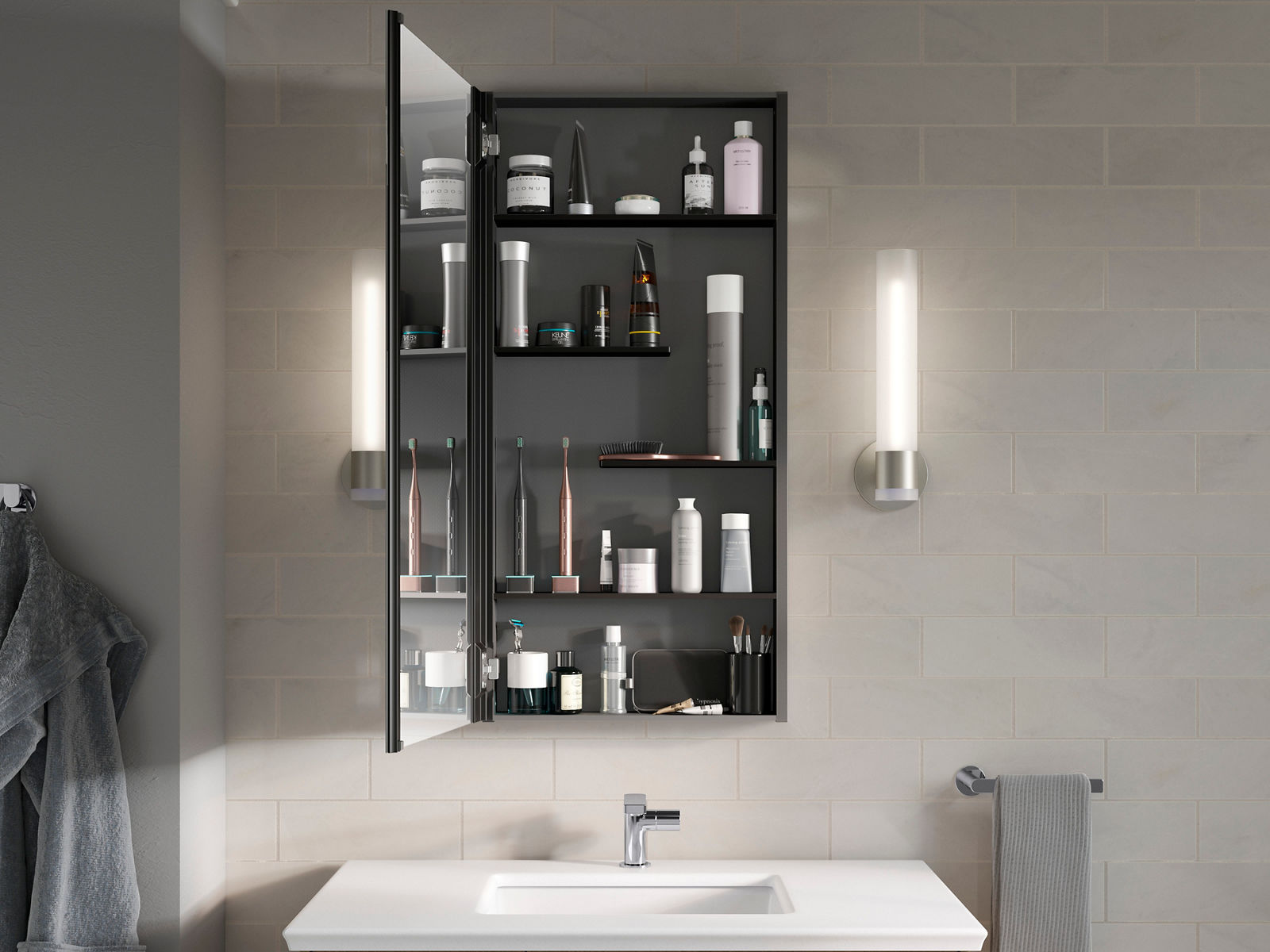 An open mirrored medicine cabinet displaying various skincare and grooming products, flanked by vertical wall lights above a white sink with a chrome faucet.