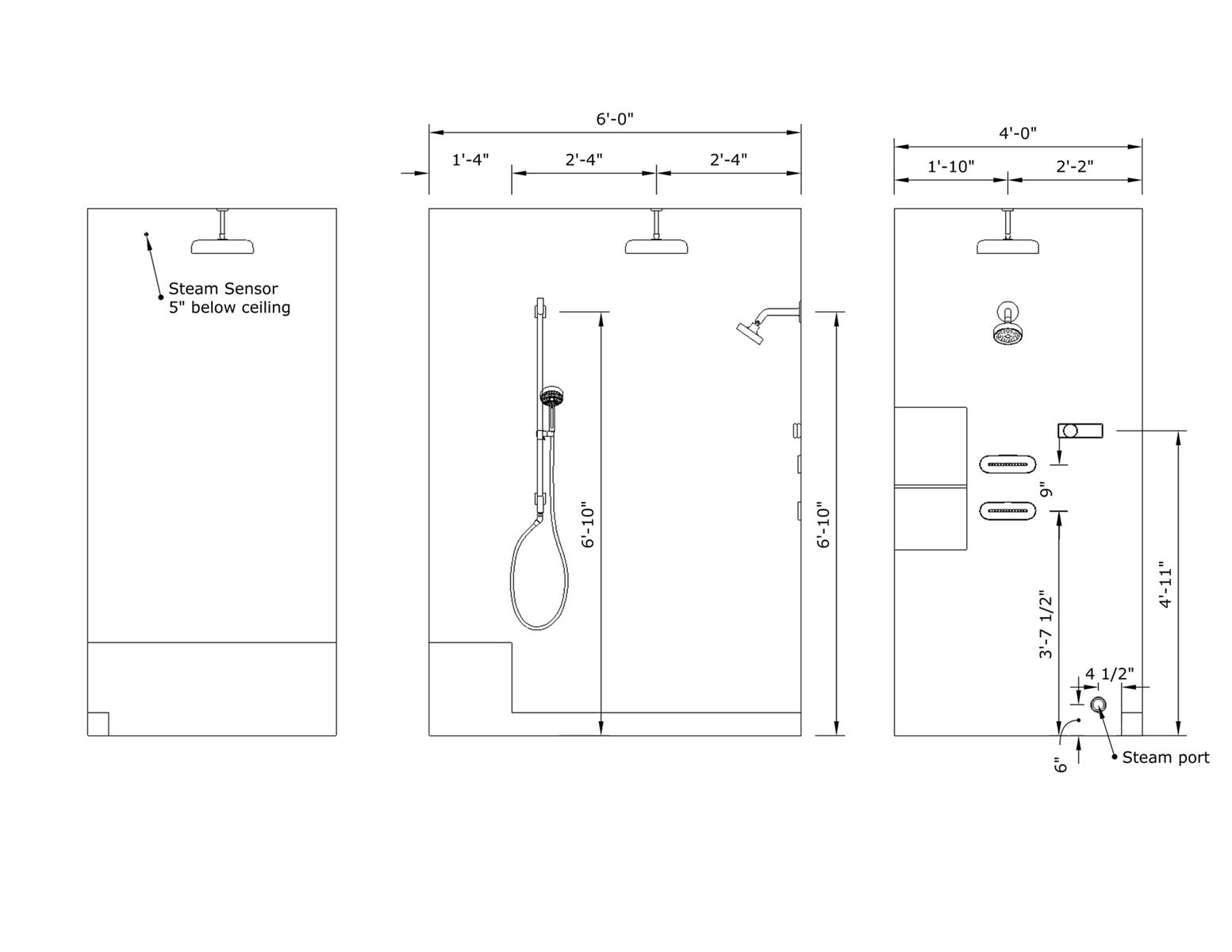 Technical drawing of a modern shower setup, detailing the dimensions and placement of various elements. The diagram includes measurements for the width and height of the shower area, placement of the rain showerhead, handheld shower, steam sensor, and steam port. The drawing specifies that the steam sensor is positioned 5 inches below the ceiling, and provides precise measurements for the location of fixtures such as the handheld shower, body jets, and steam port. This schematic is designed to guide the installation of the shower components accurately within a 6-foot by 4-foot space.