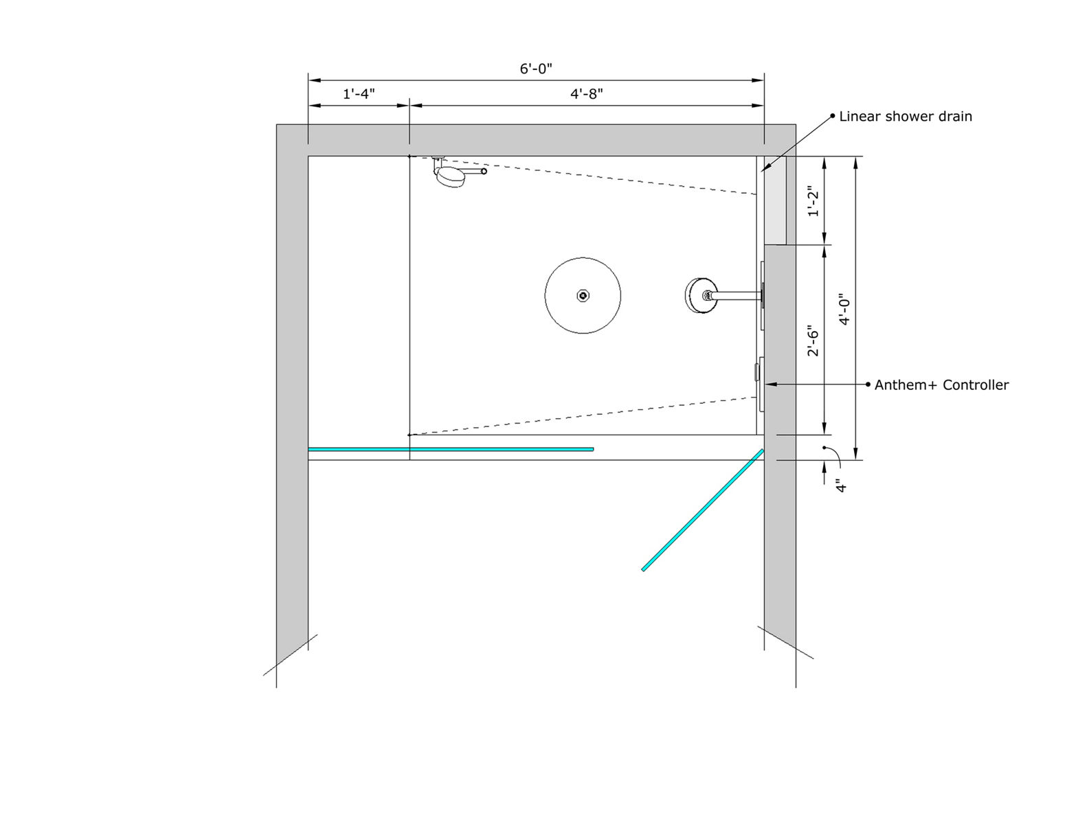 Technical diagram of a shower installation, showing precise measurements and placement of key components within a 6-foot by 4-foot space. The drawing details the location of a linear shower drain, positioned 1 foot 2 inches from the back wall, and the Anthem+ controller, installed 4 feet from the floor. The diagram also includes the positioning of the showerhead, which is centered within the space, and outlines the dimensions of the shower enclosure. The schematic is designed to assist in the accurate installation of shower fixtures and controls.