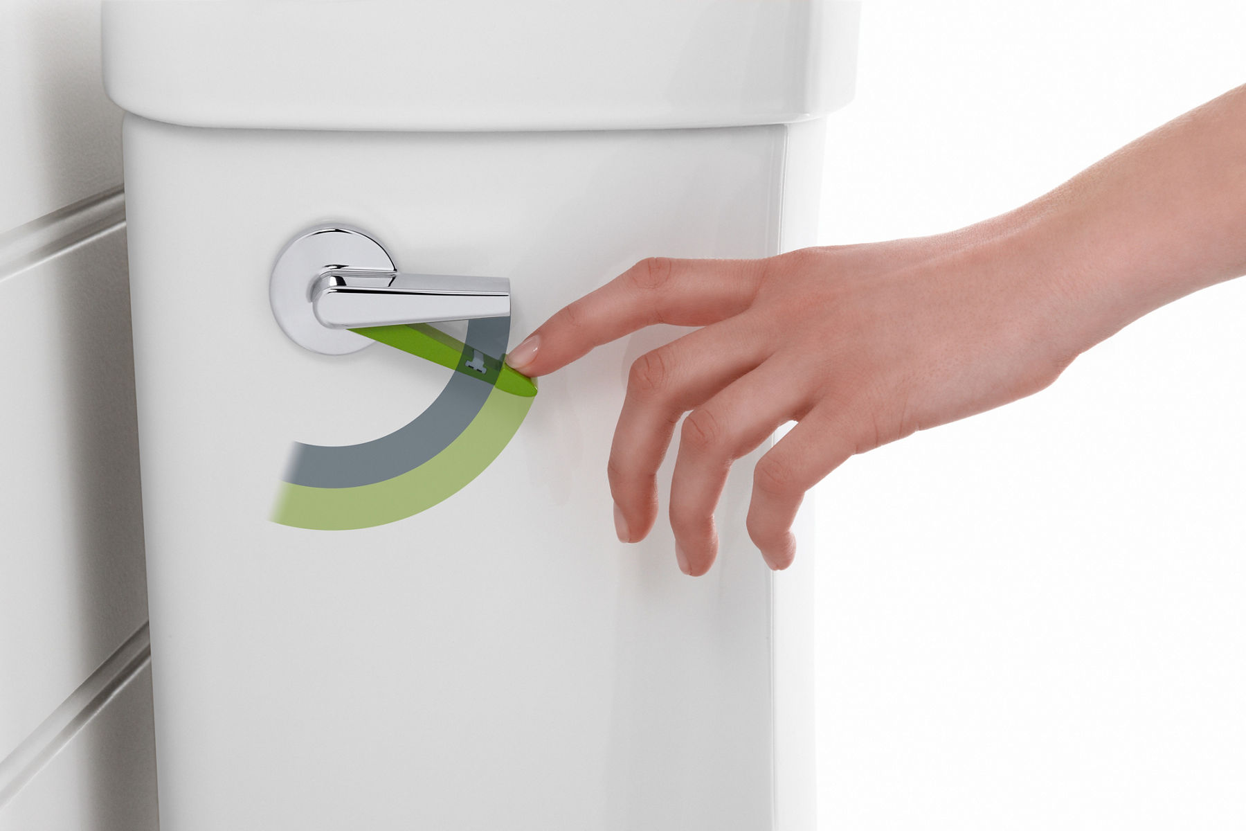 A person demonstrates how a dual-flush lever handle works.