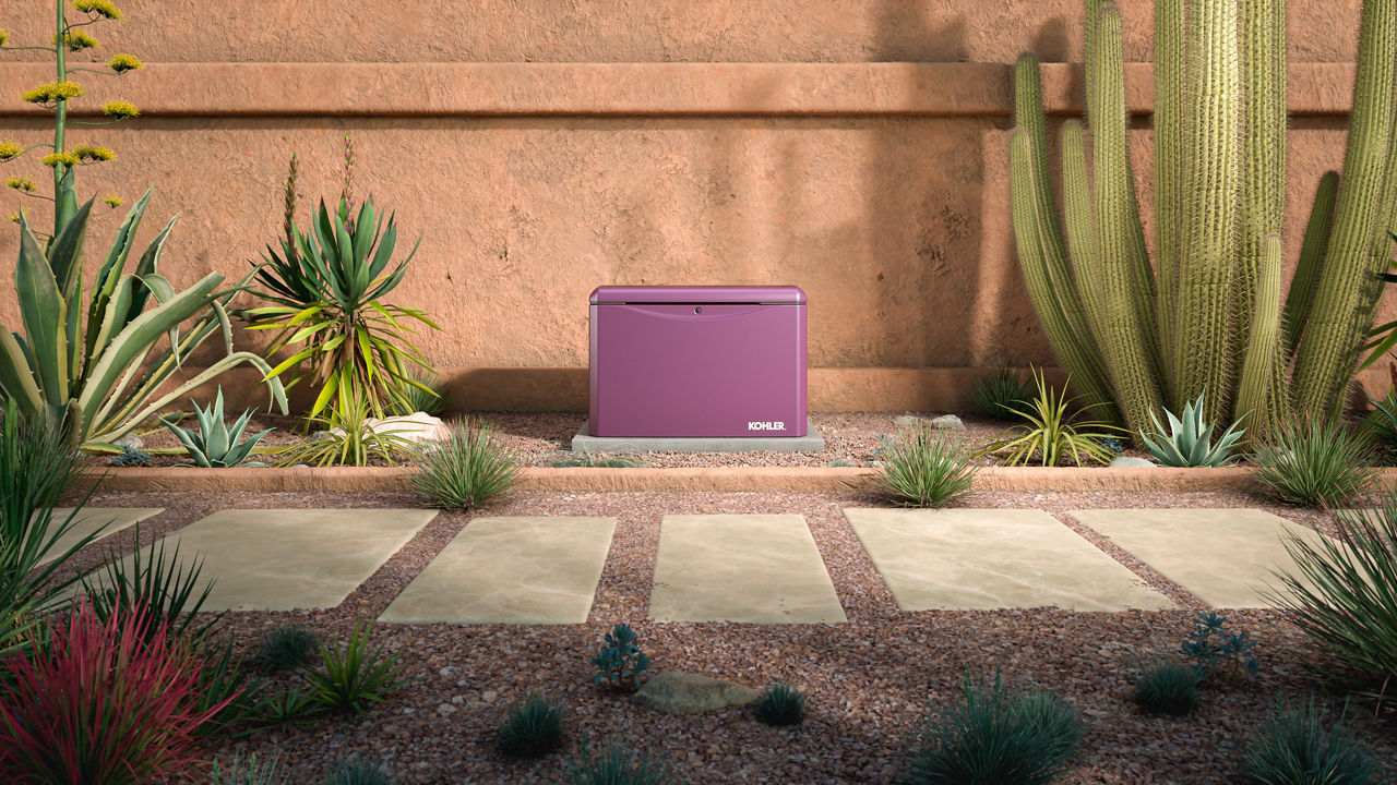 A plum colored home generator in front of a southwestern style house with cacti and succulents nearby.