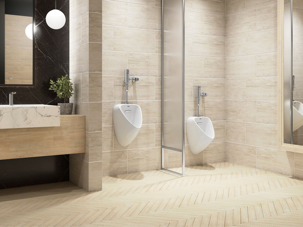 Two white KOHLER Tend urinals mounted on a tan marble tiled wall, with a frosted glass partition between them.