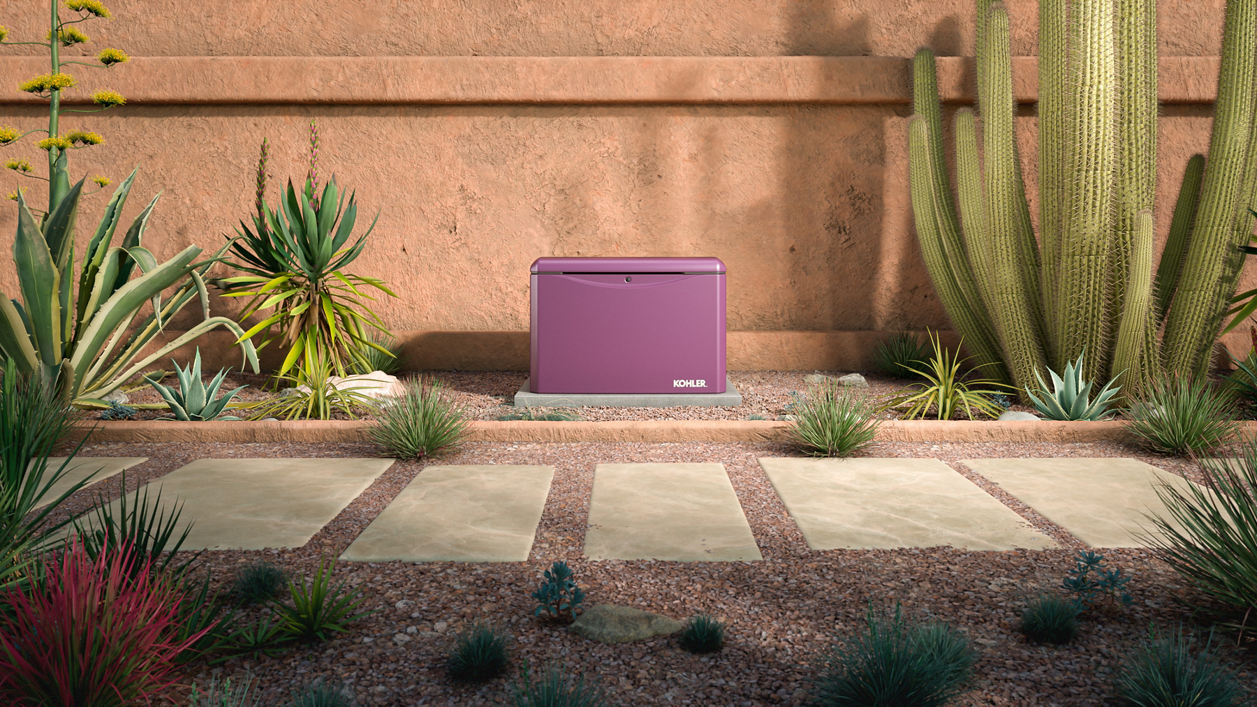 A plum colored home generator in front of a southwestern style house with cacti and succulents nearby.